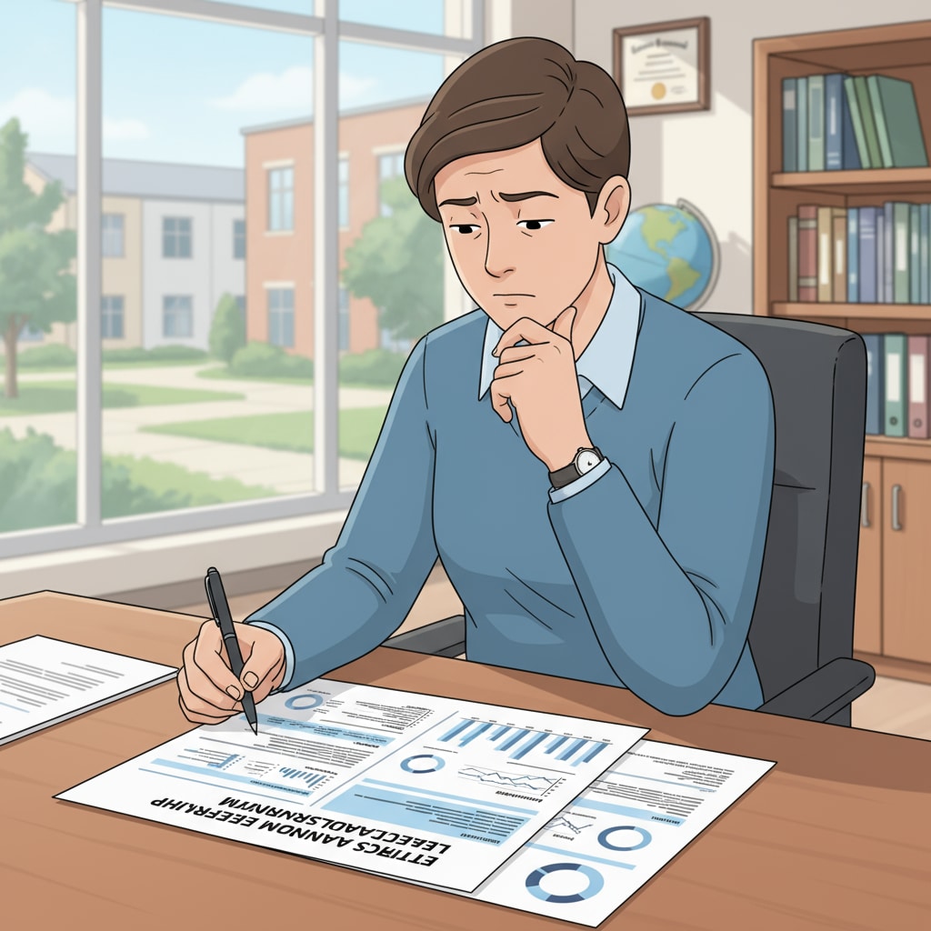 An educational manager is sitting at a desk, looking intently at a report, with a pen in hand and a thoughtful expression on the face, indicating the process of reflecting on ethical decisions in educational management. An educational manager reflecting on ethical decisions in educational management