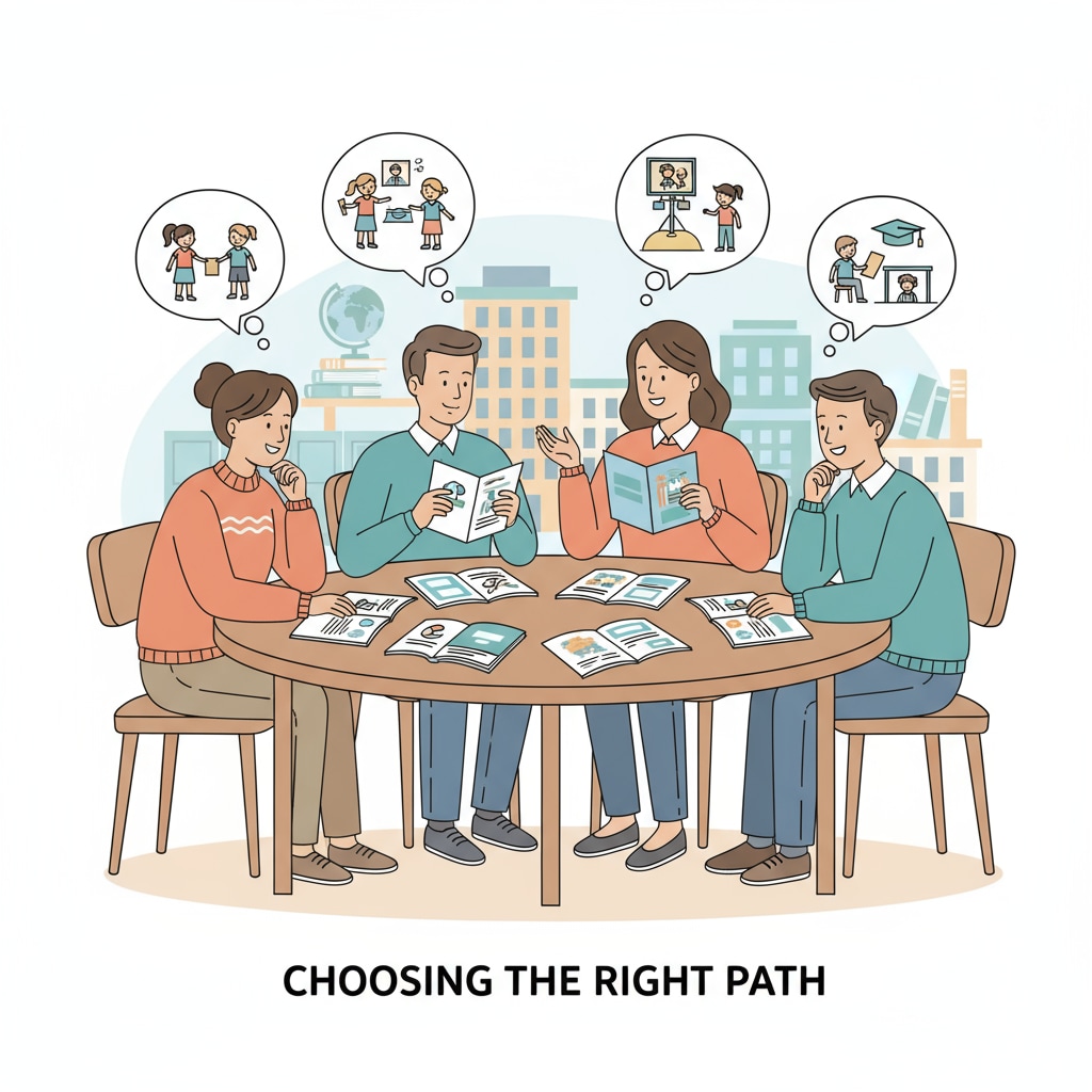 A group of parents are sitting around a table, looking at brochures and discussing different school options for their children. Parents discussing school choice options in the context of education policy and political controversy