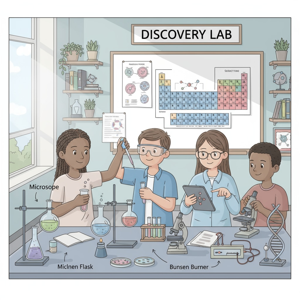 Students in a charter school classroom are working together on a science experiment. There are various scientific instruments on the tables. Students in a charter school engaging in hands-on learning related to school choice and education policy