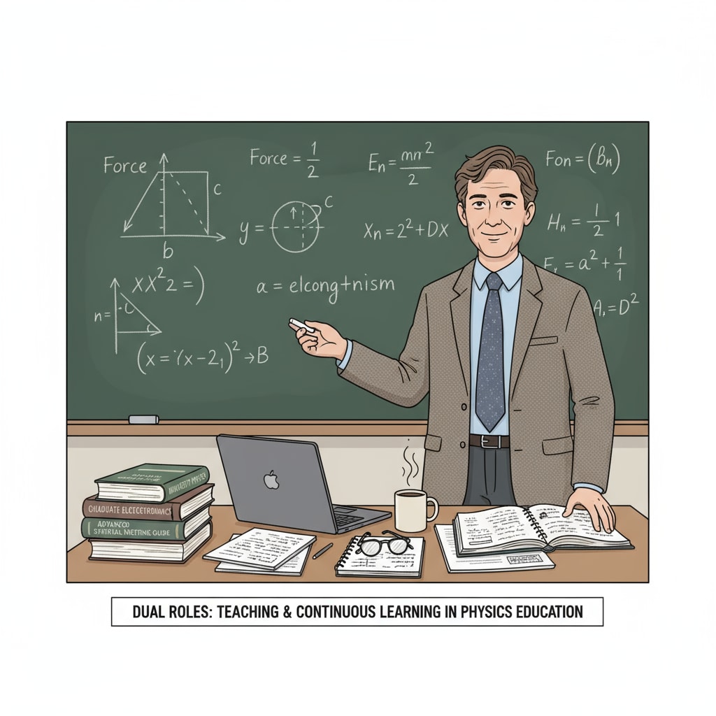 A physics teacher is standing in front of a blackboard. There are teaching materials like textbooks and notebooks on the table beside, along with books related to postgraduate studies, indicating the dual responsibilities of teaching and learning. A physics teacher balancing teaching and postgraduate studies