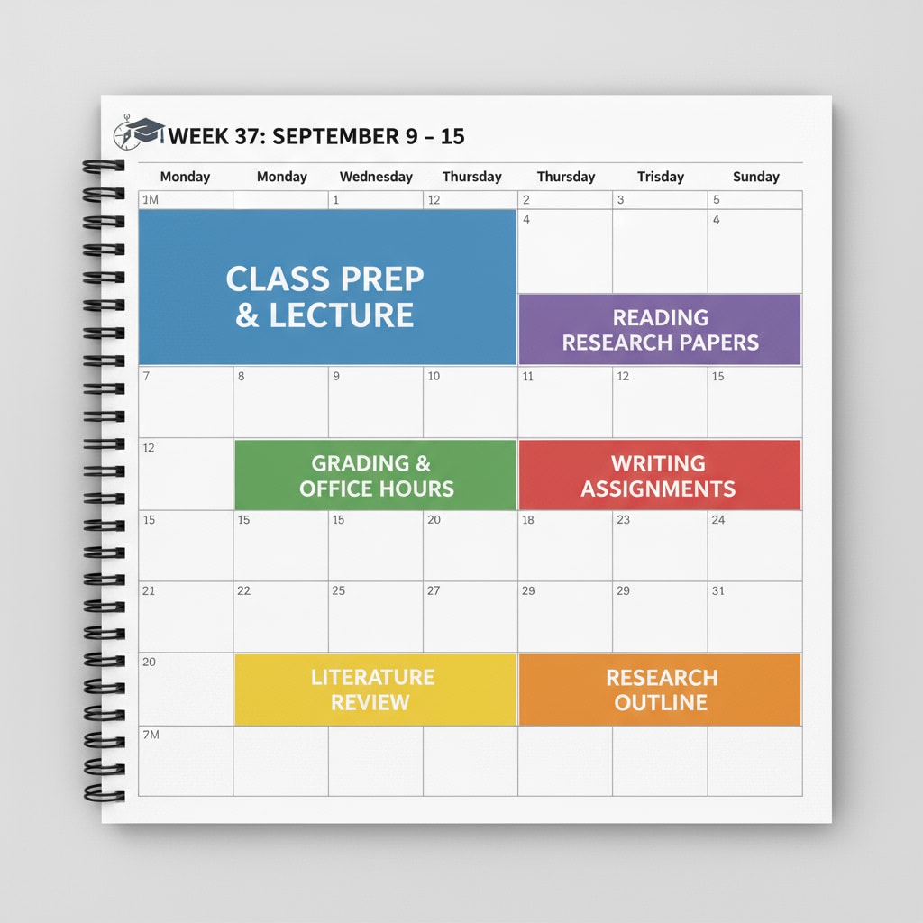 A calendar page shows clearly marked time slots for teaching activities such as class preparation and grading, as well as for postgraduate study tasks like reading research papers and writing assignments. Time management for physics teachers in postgraduate studies