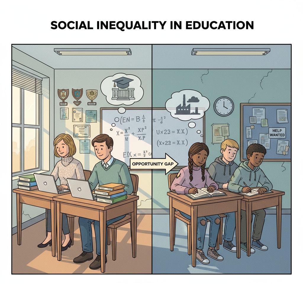 A group of students from diverse backgrounds in a classroom, representing social inequality in education. Students from different social backgrounds in a classroom related to research, evaluation, social inequality, and education.