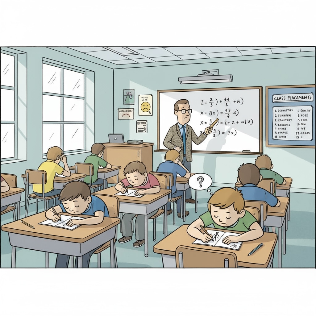 A classroom scene where students are sitting in their desks, some with bored expressions, indicating a lack of student engagement due to the current class placement situation. Classroom scene showing the negative impact of class placement on student engagement