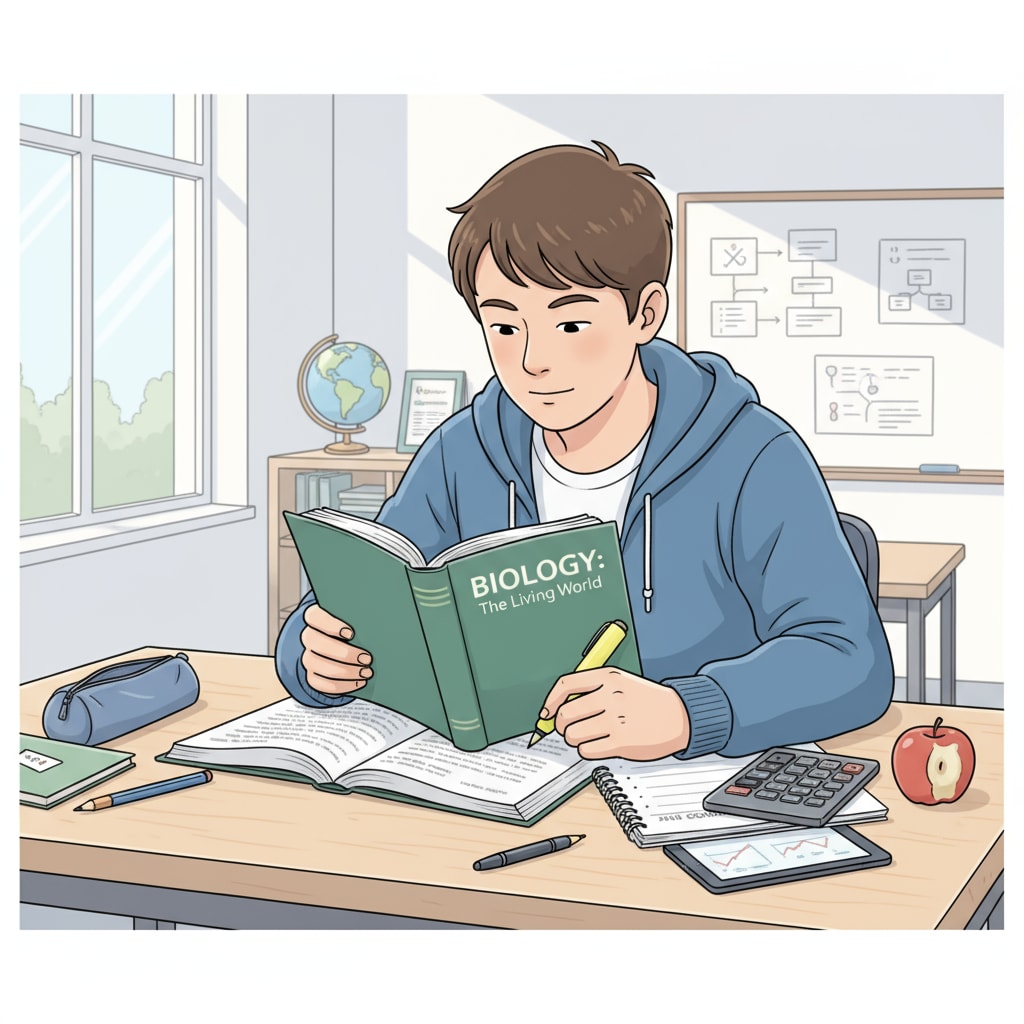 A high school student is sitting at a desk, reading a textbook with concentration, highlighting important parts and taking notes. High school student actively reading a textbook to develop academic skills