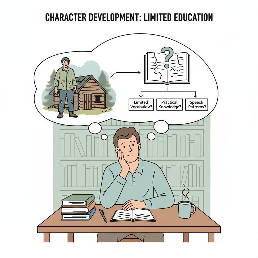 A person sitting at a table, thinking about how to write a character with limited education. A person considering how to write a character with limited education in the context of novel writing, focusing on character authenticity and educational background.