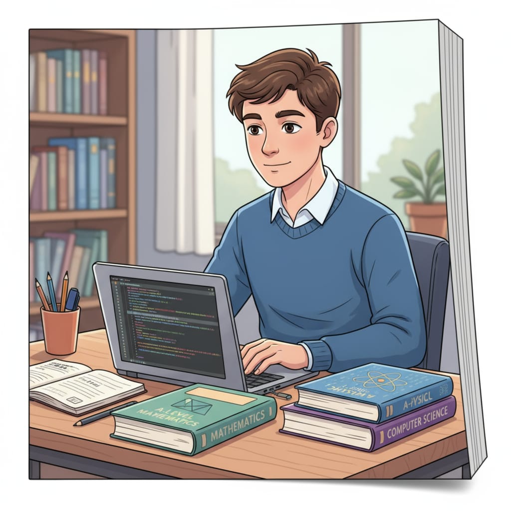 A young student sitting at a desk, looking at textbooks related to A-level courses and a computer screen showing coding A student considering A-level courses, computer science, and educational choices