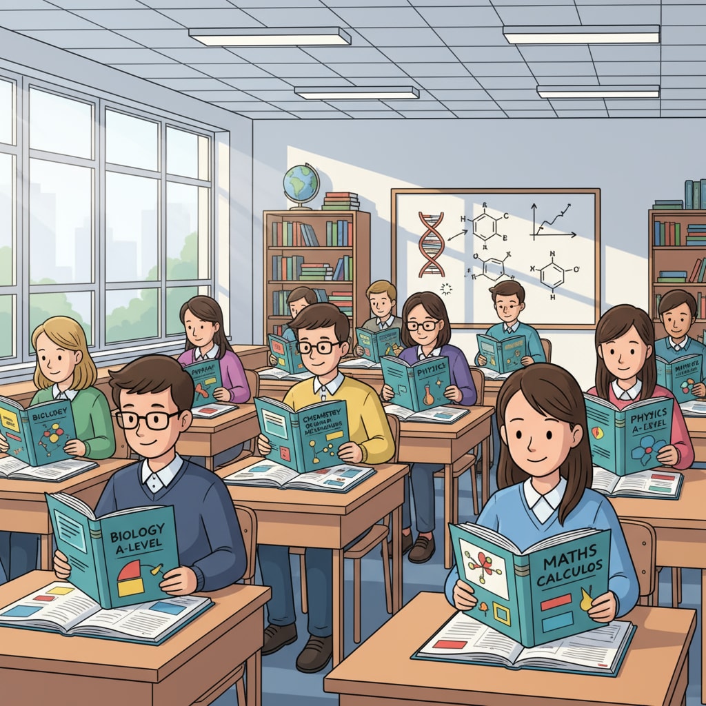 A classroom filled with students studying A-level textbooks Students engaged in A-level courses as part of their educational choices