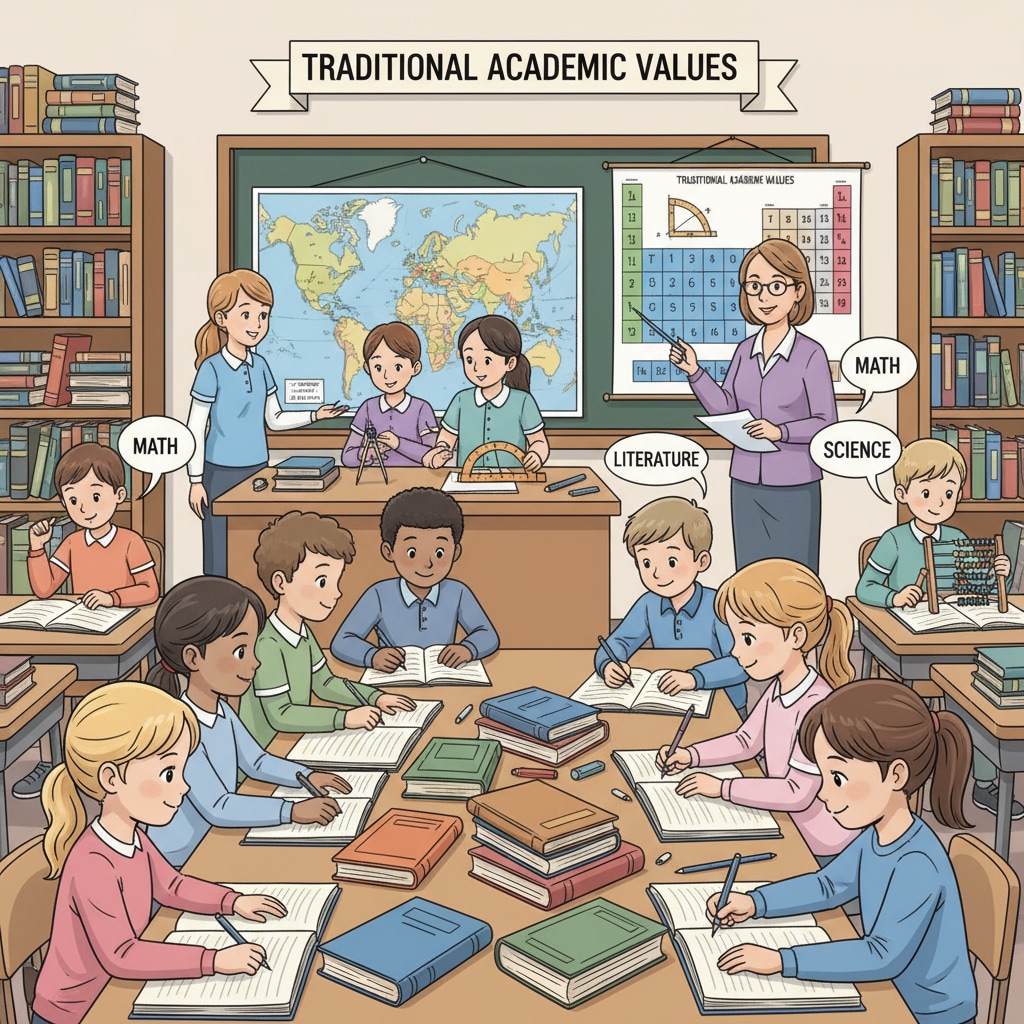 A classroom scene with students actively learning core subjects, highlighting the focus on traditional academic values in the education reform Classroom scene demonstrating the focus on core subjects in Trump administration's education reform