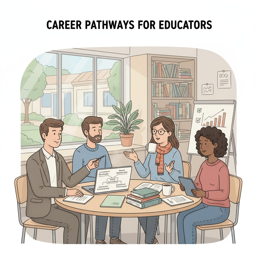 A group of teachers having a conversation during a break, discussing their future career options. Teachers discussing career transitions, professional transformation, and educational qualifications during a break.