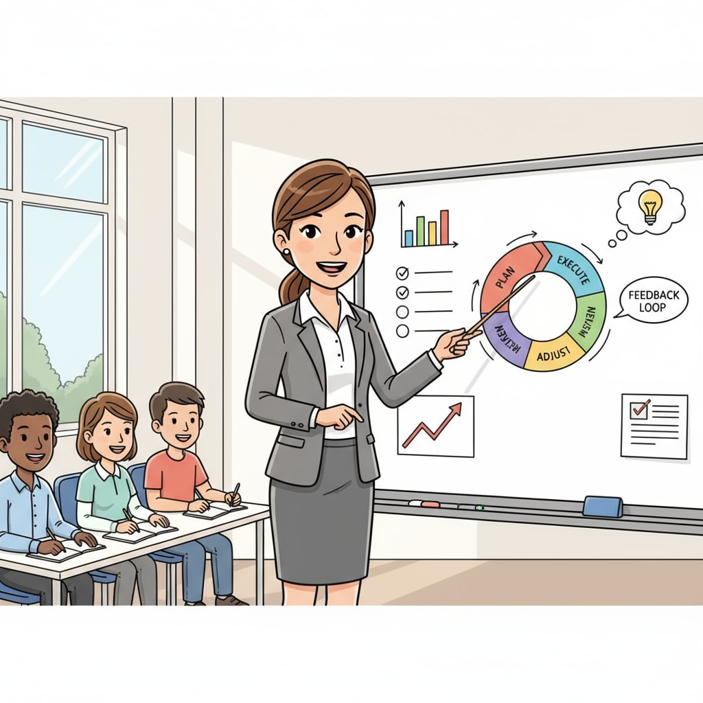 A teacher standing in front of a whiteboard, using visual aids to explain a concept, demonstrating excellent communication skills. A teacher showcasing communication skills, relevant to teacher career transitions, professional transformation, and educational qualifications.