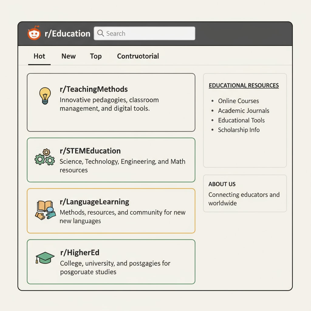 A screenshot of Reddit's education main page showing various subreddits related to different educational aspects like teaching methods, subject areas, etc. Screenshot of Reddit's education main page with community rules, educational networks, and subreddits visible