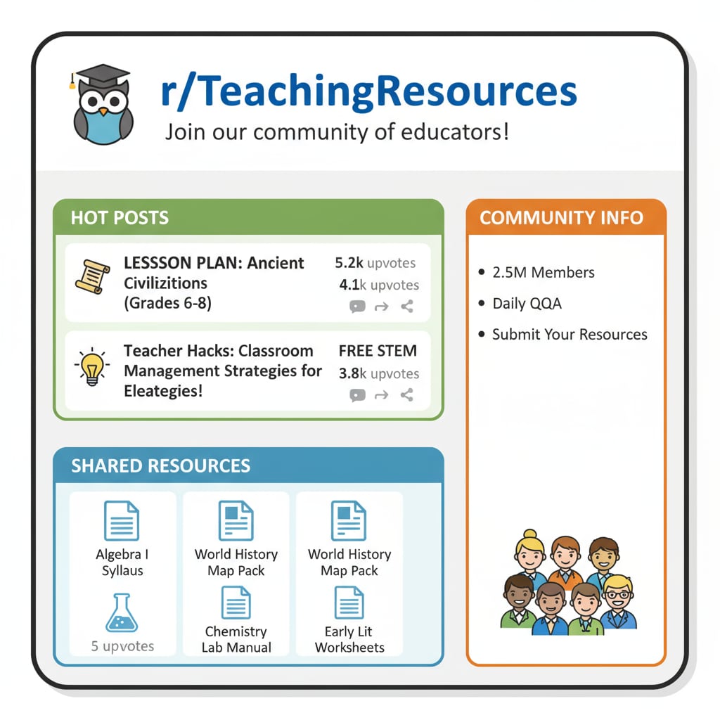 A close-up view of a popular education subreddit page with discussions and shared resources such as lesson plans, teaching tips, etc. Close-up of an education subreddit page highlighting community rules, educational networks, and subreddits features