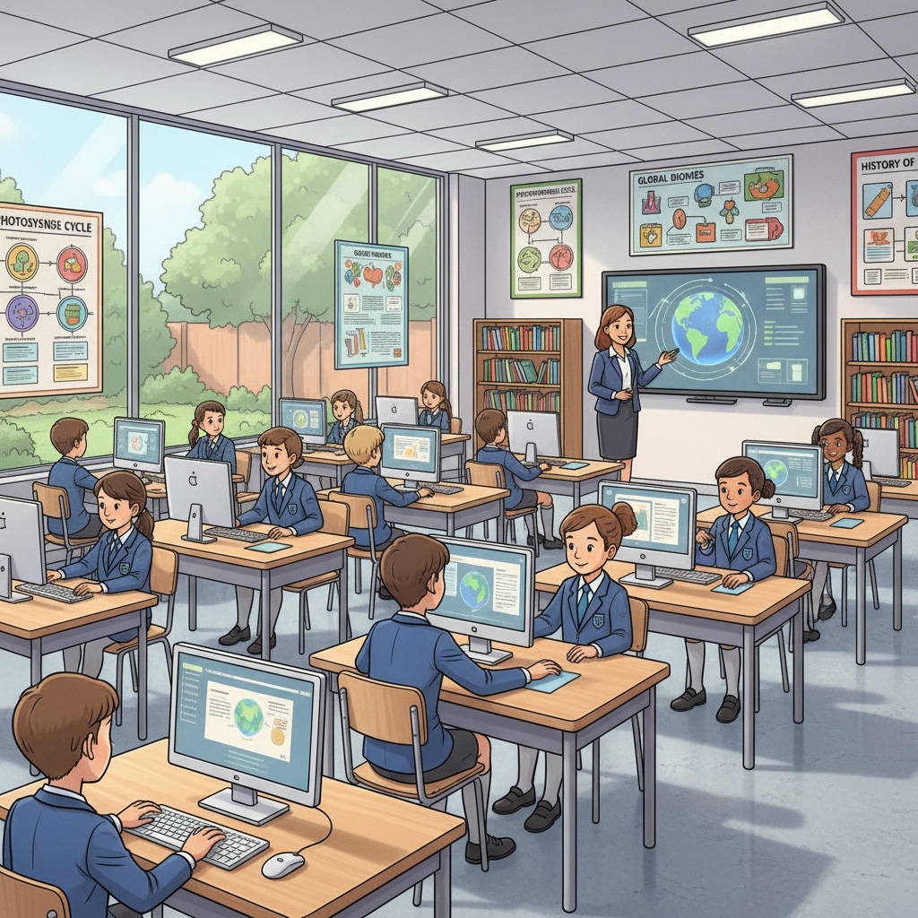 A classroom in a wealthy school filled with modern desks, computers, and educational posters, showing students enjoying a well-equipped learning environment. American education social screening and class differentiation in a wealthy school