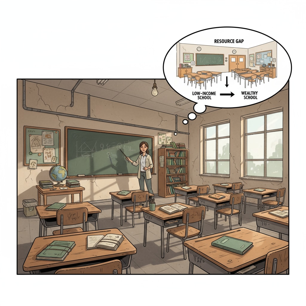 A classroom in a low-income school with old desks, few textbooks, and limited teaching resources, highlighting the resource gap compared to wealthy schools. Resource disparities in American education contributing to class differentiation
