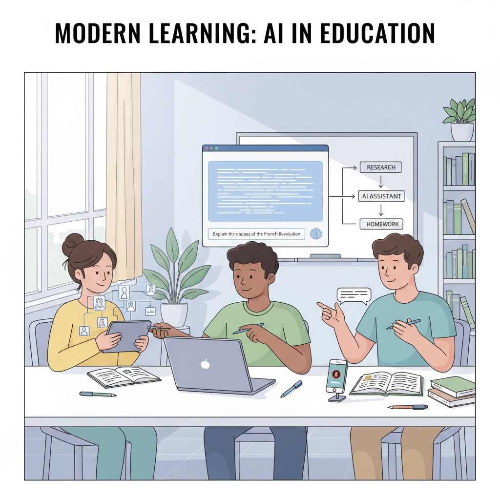 An illustration depicting students utilizing AI tools to finish their homework, with a laptop screen showing an AI interface generating text. AI - assisted homework completion by students