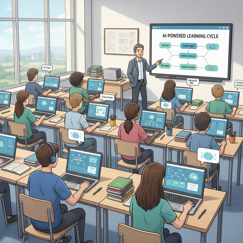 A visual representation of students at desks, some engaged with laptops displaying AI - related interfaces while working on their homework. Students using AI for homework