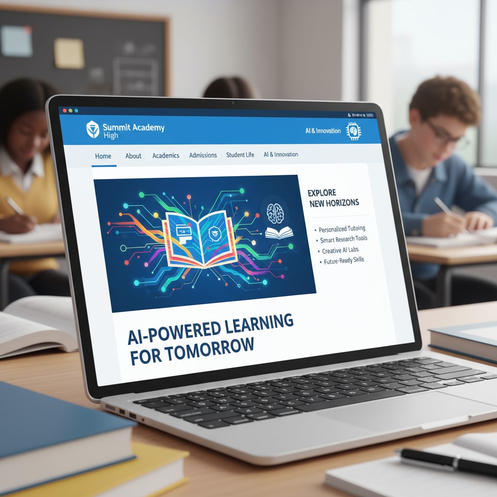 An image depicting a high school website with an AI-generated graphic that is colorful and modern-looking, representing the new trend of AI integration in school websites. High school website with AI-generated graphic related to educational ethics