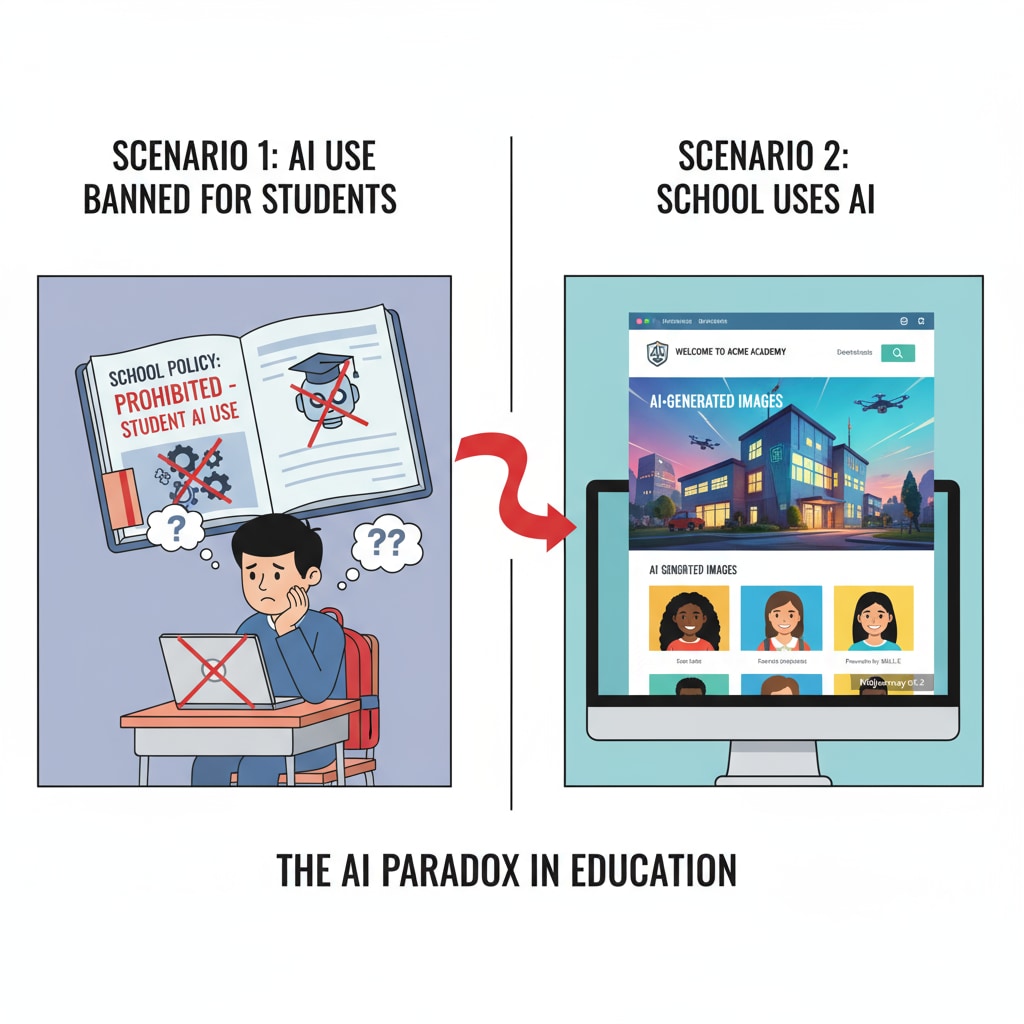 A visual that shows two scenarios side by side - one of a school policy banning student AI use and the other of the school website using AI-generated images, highlighting the contradiction. Visual representation of the contradiction between school policies on student AI use and school website AI adoption in the context of educational ethics