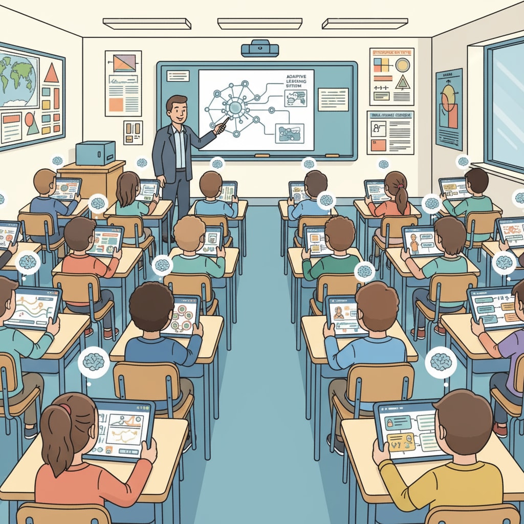 Students are sitting in a classroom, using tablets with educational software that incorporates artificial intelligence features. The software is designed to adapt to each student's learning needs. Students using AI - based learning tools in a classroom