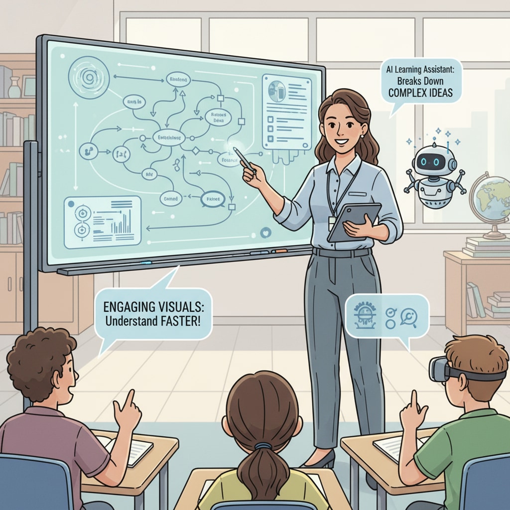 A teacher stands in front of a whiteboard, using an AI - enabled teaching tool to illustrate a difficult concept. The tool is helping the teacher to present the information in a more engaging way. A teacher using an AI - enabled teaching tool
