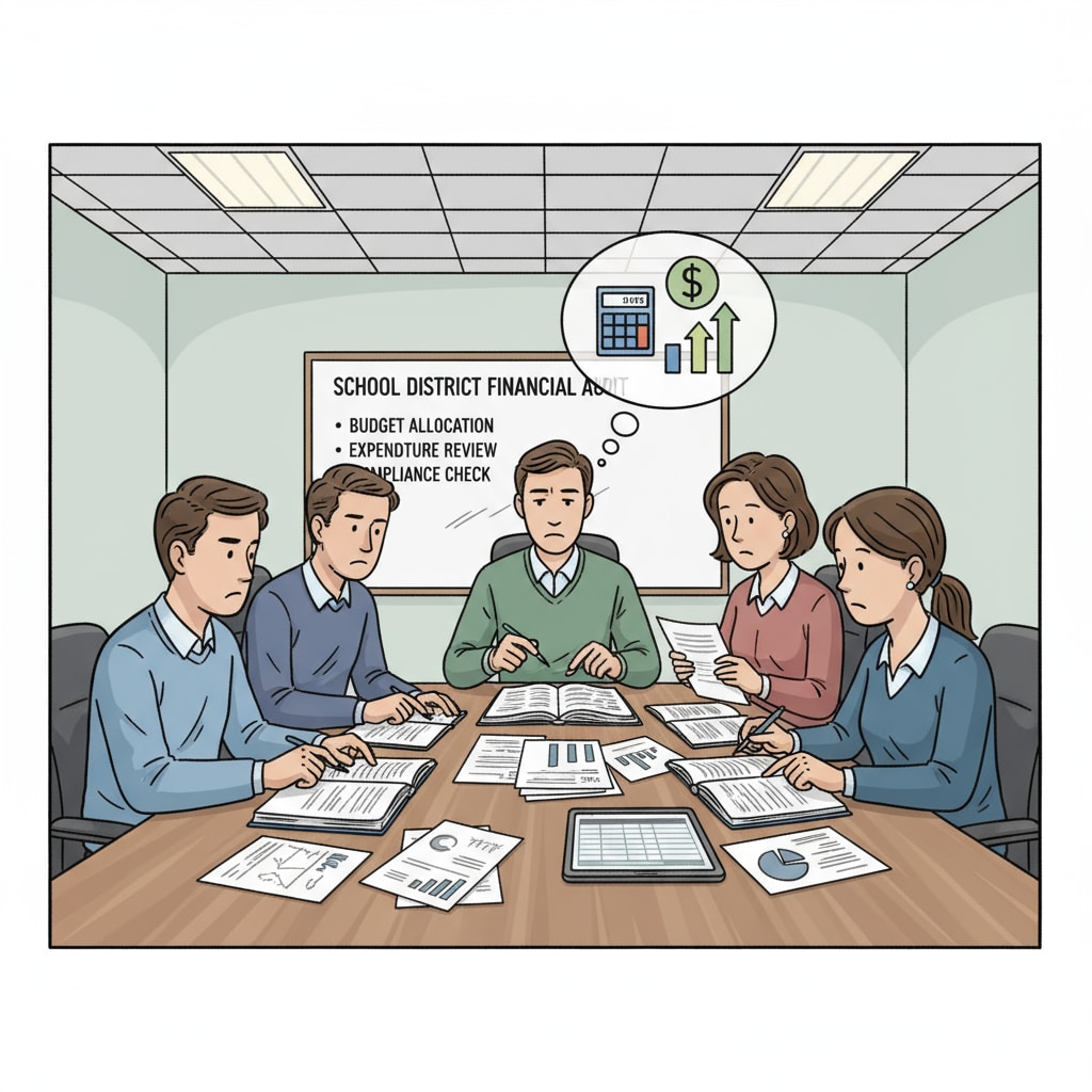 A group of school auditors are sitting around a table, discussing financial reports with serious expressions. New school auditors discussing their responsibilities in a meeting