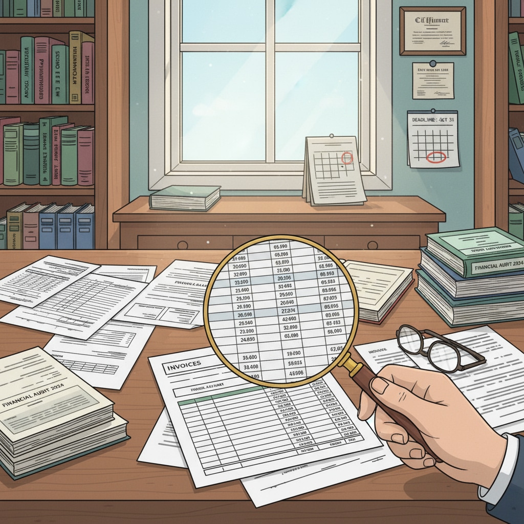 A school auditor is sitting at a desk, carefully examining financial documents with a magnifying glass. A novice school auditor fulfilling their responsibilities by checking financial records