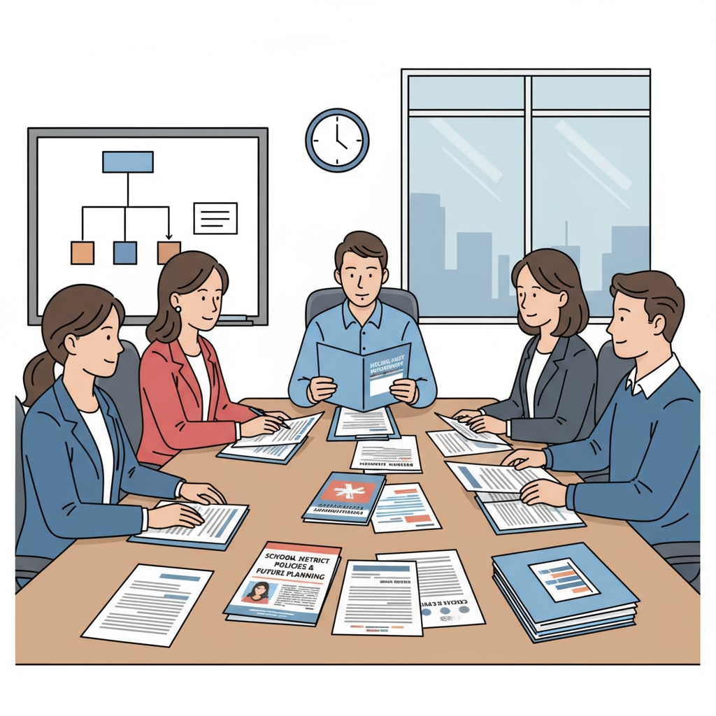 A group of human resources professionals are engaged in a discussion in a meeting room. There are materials related to school districts, such as brochures about school recruitment and educational policies, and healthcare - related documents like medical staff management guidelines on the table. Human resources professionals discussing the transition from healthcare to school district HR work