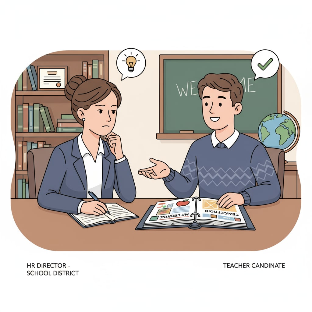 A school district HR director is sitting at a table, interviewing a potential teacher candidate. The candidate is presenting their teaching portfolio, and the HR director is taking notes, showing a serious and professional attitude. School district HR director interviewing a teacher candidate as part of their responsibilities