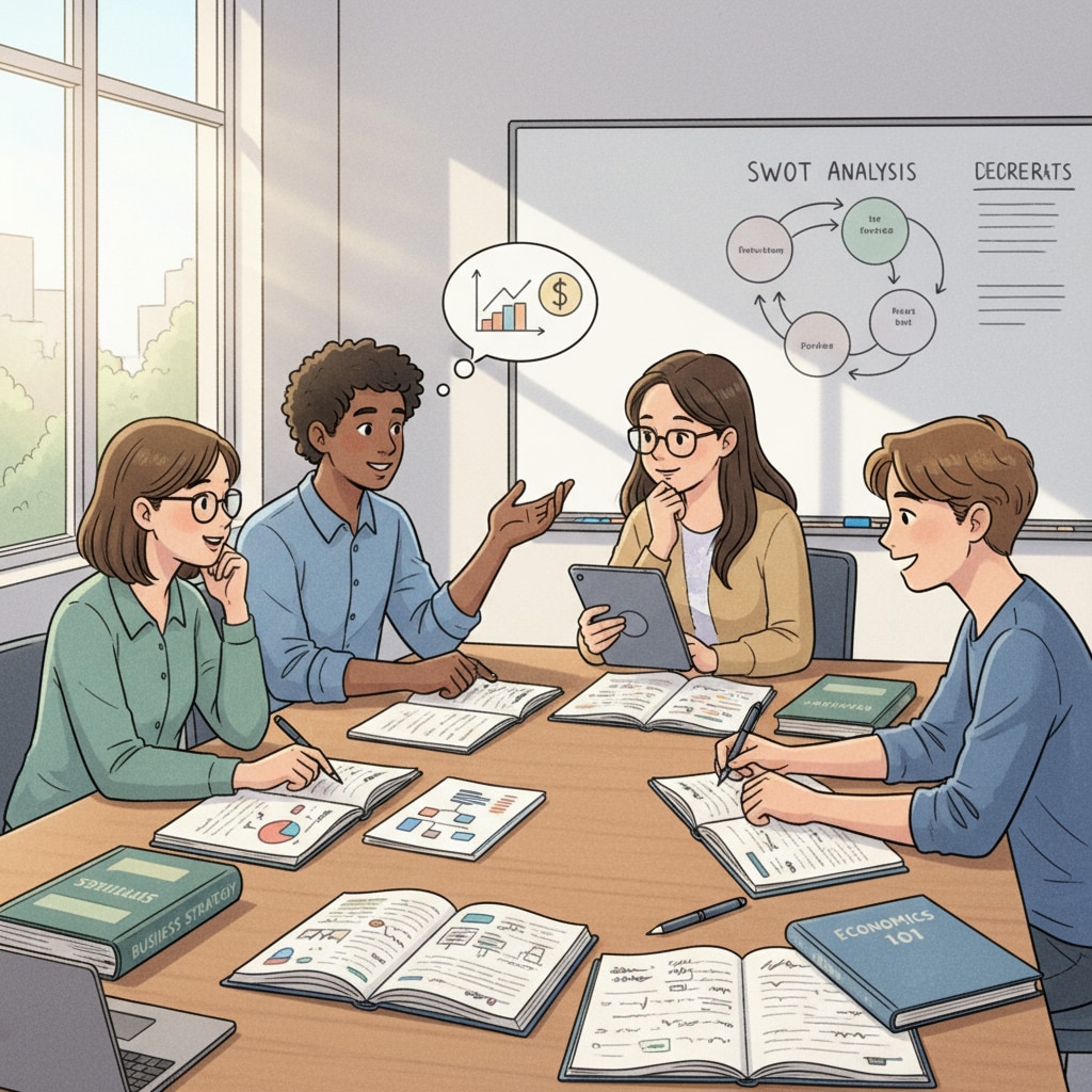 Students discussing business concepts related to business education, career planning, and higher learning in a classroom