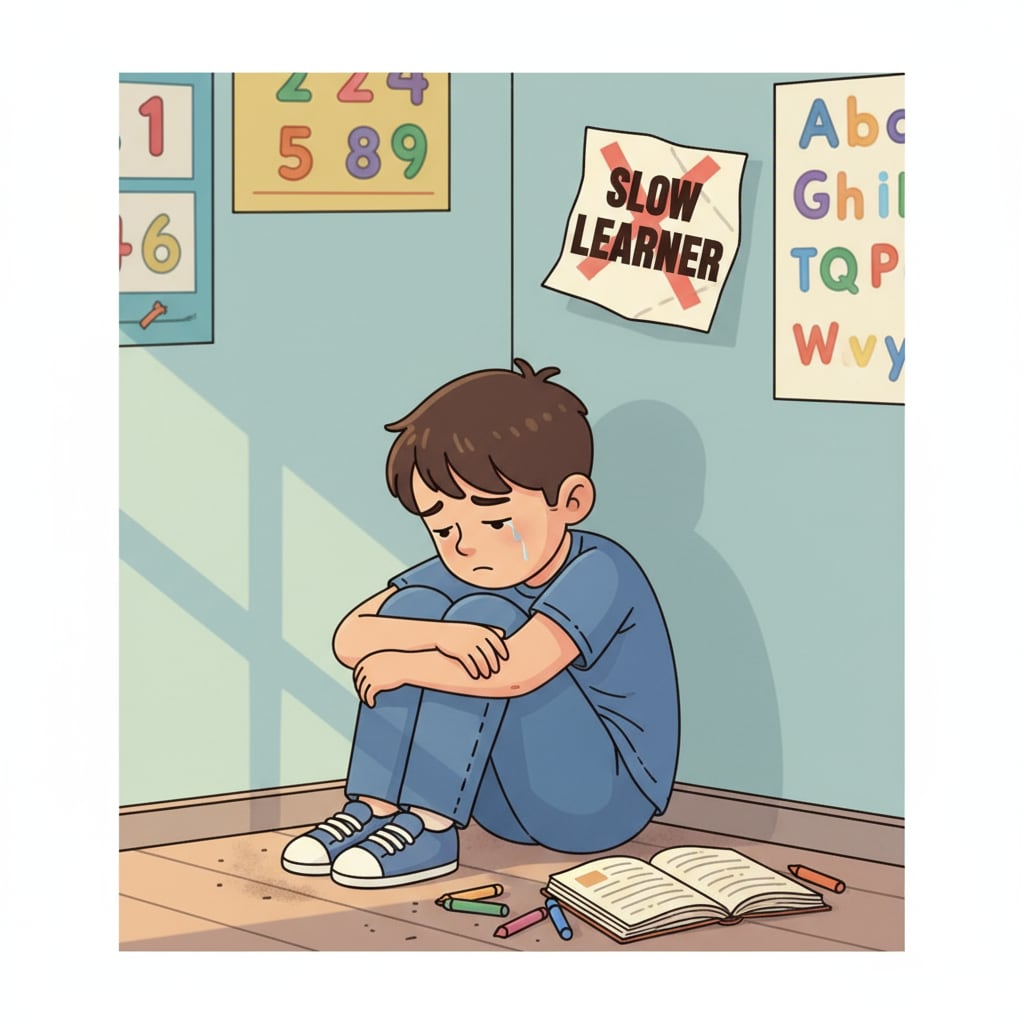 Dejected student in classroom corner because of school injustice, teacher bias, and student labeling