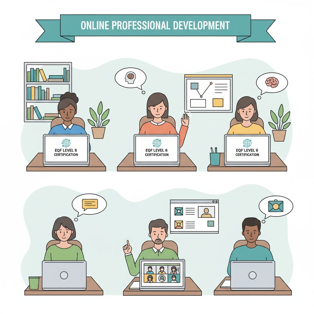 A group of K12 educators are shown participating in an online EQF 8 certification course. They are focused on their screens, engaged in the learning process. K12 educators participating in an online EQF 8 certification course