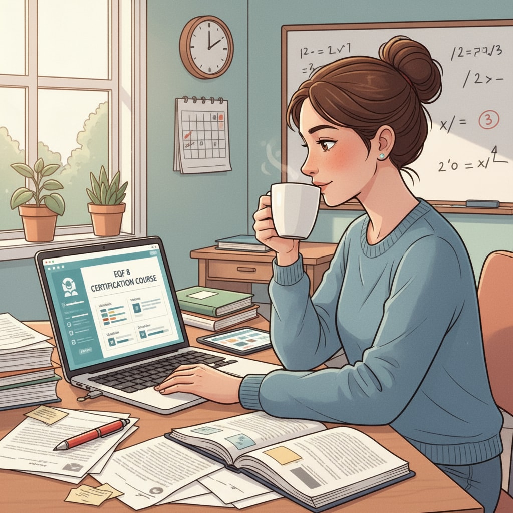 A full-time K12 educator is depicted studying an EQF 8 certification course on a laptop during a break. There are papers and a cup of coffee beside the laptop, showing the busy yet dedicated state of the educator. A full-time K12 educator studying an EQF 8 certification course on a laptop