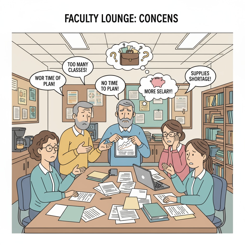 A group of K12 teachers looking concerned in a faculty room, discussing their workload and pay issues. K12 teachers facing job reclassification, extra duties, and no pay raise in a faculty room