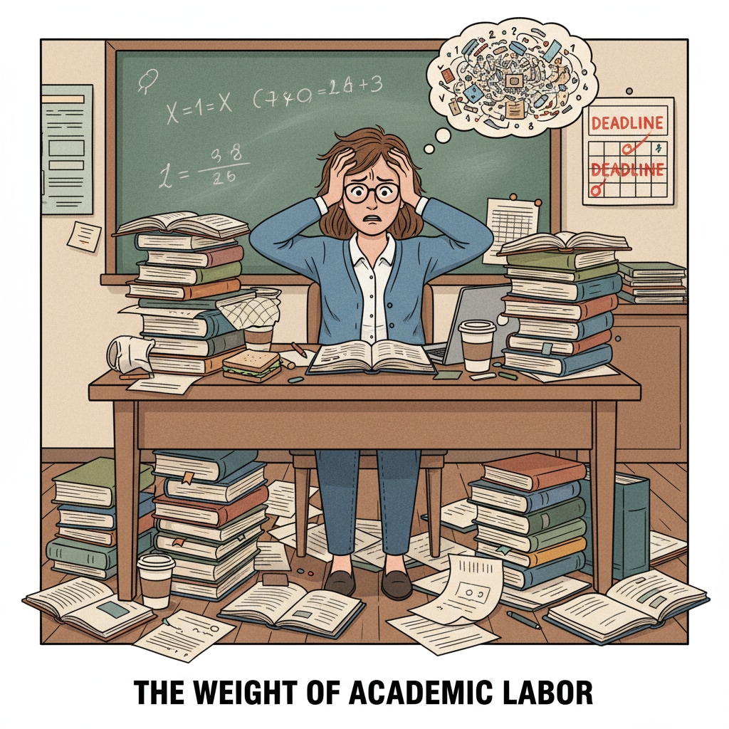 A teacher surrounded by paperwork and books, looking overwhelmed due to the extra workload. K12 teacher burdened with extra duties and no pay raise, surrounded by work materials