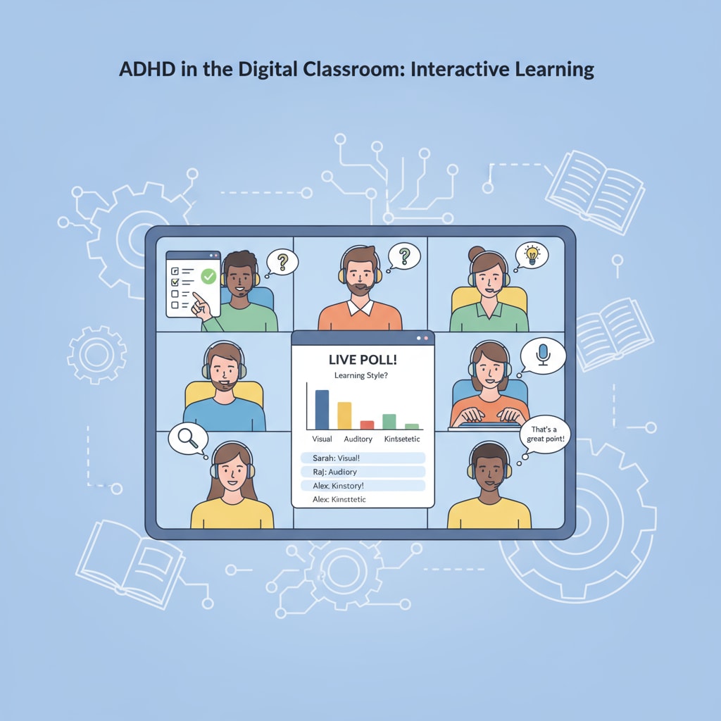 A group of ADHD adults is engaged in an interactive online learning session, participating in quizzes, and discussing topics in real - time. ADHD adults in interactive online learning courses for basic education