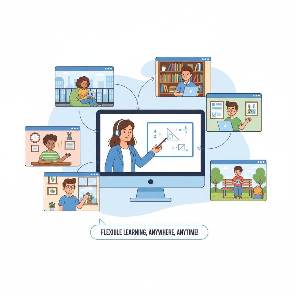 A virtual classroom scene with students participating in an online high school class, showing the flexibility of online learning. Students studying in an online high school environment related to credit requirements and high school diploma