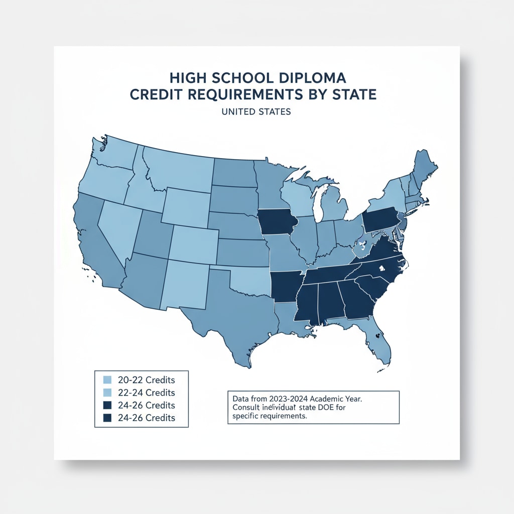 A map highlighting the varying credit requirements for high school diplomas across different states in the United States. Map of state credit requirements for online high school and high school diploma attainment