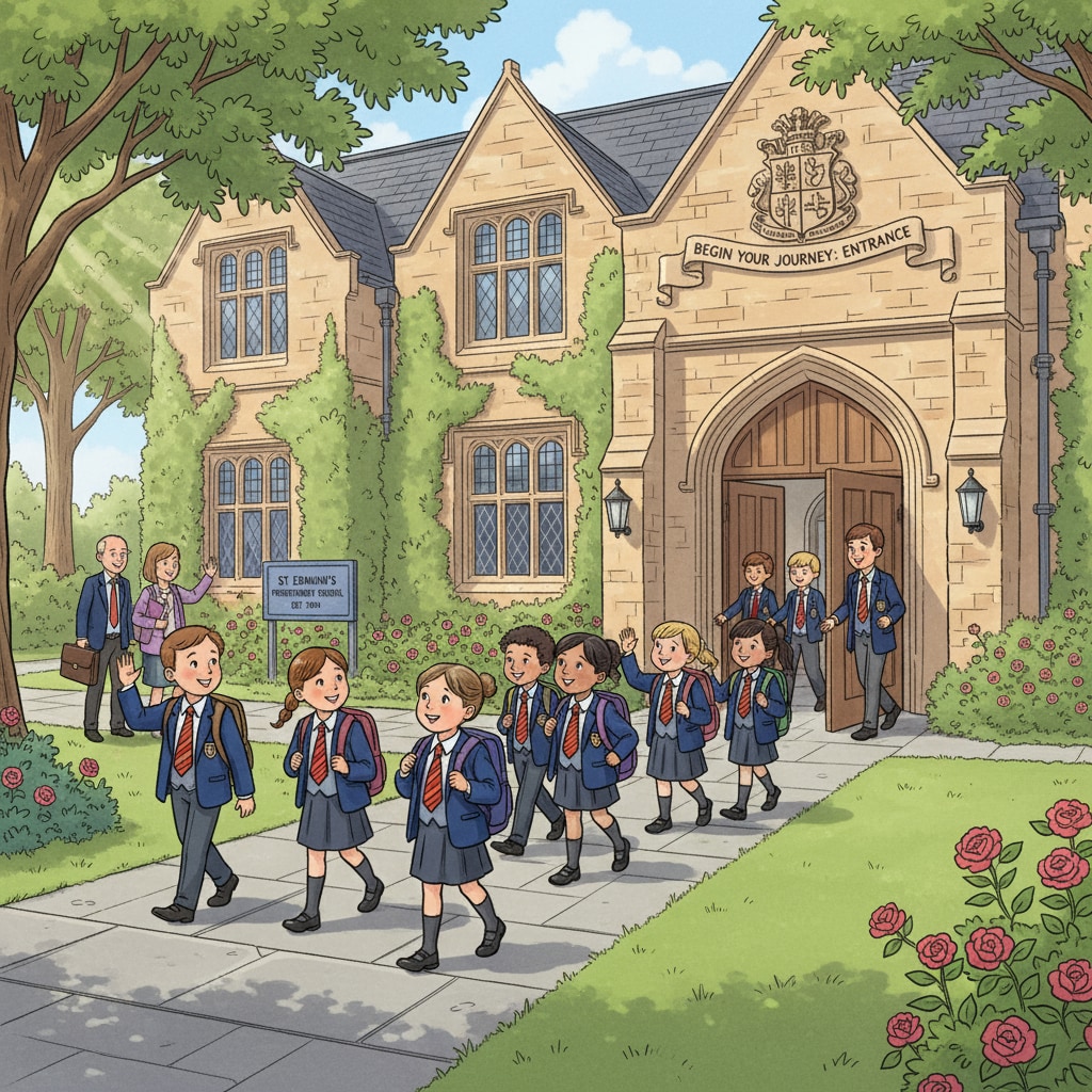 A group of children in uniforms walking into a prestigious private primary school in the UK, representing the journey of students entering a top educational institution in the context of private school scholarships. Children entering a UK private primary school related to scholarships and British education