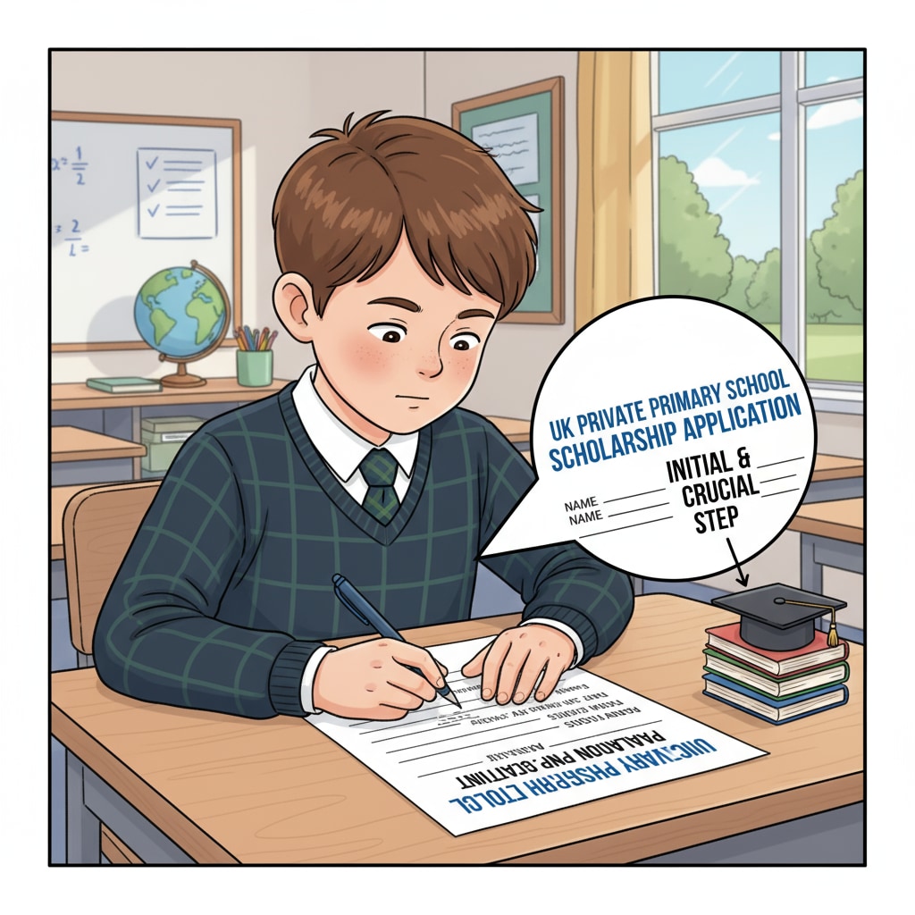 A student carefully filling out a scholarship application form, highlighting the initial and important step in the process of applying for UK private primary school scholarships. Student filling out a scholarship application form for UK private primary school scholarships in the context of British education