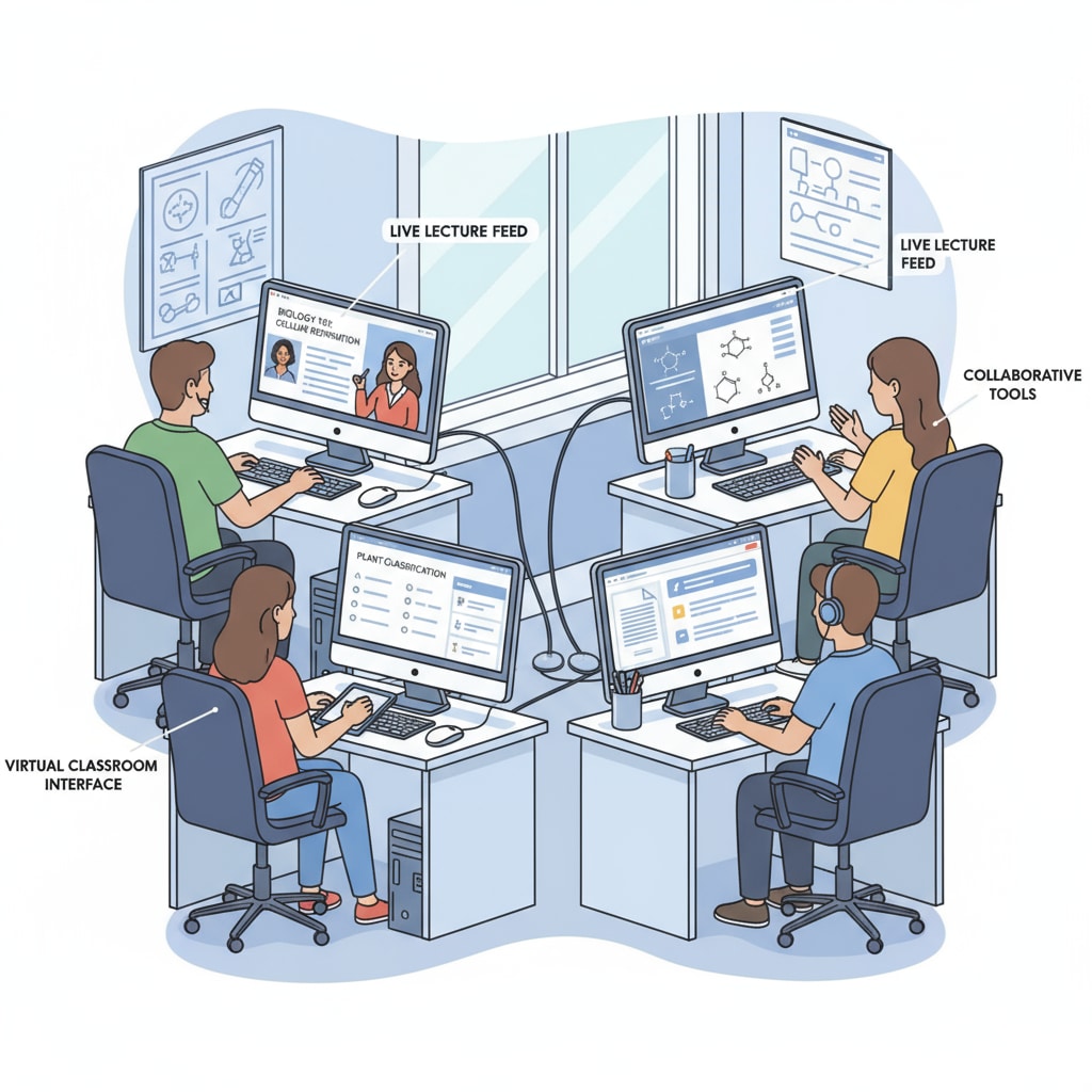 A group of students are sitting in front of their computers, attending an online class. The screen shows educational content and the teacher's presentation. Students attending an online class during the post-pandemic era, related to secondary education philosophy, post-pandemic teaching, and digital learning