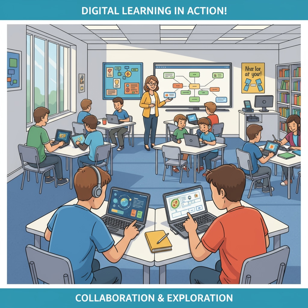 In a modern classroom, students are using tablets and laptops to study. There are digital learning materials displayed on the devices, and students are engaged in various learning activities. Students using digital devices for learning in a modern classroom, relevant to secondary education philosophy, post-pandemic teaching, and digital learning