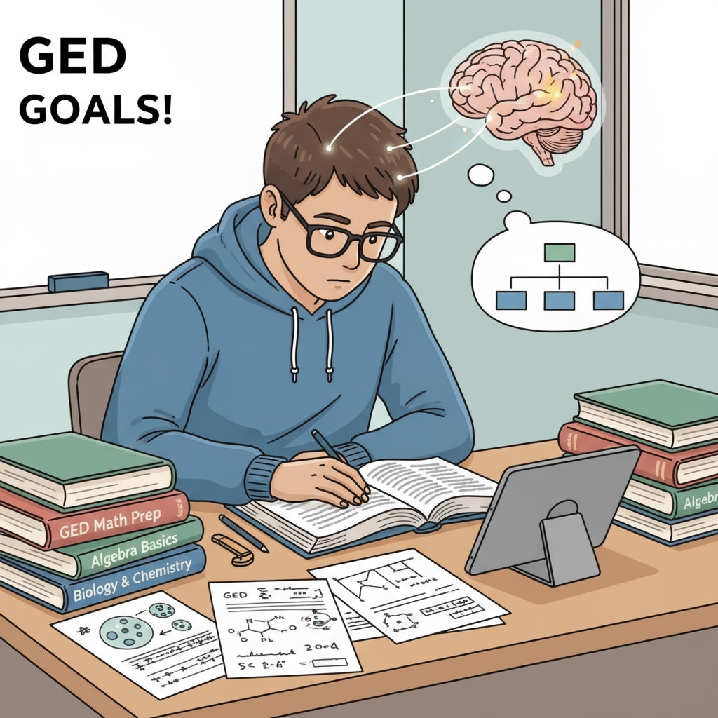 A student is sitting at a desk, surrounded by GED math and science books and papers, concentrating on studying. A student studying GED math and science materials at a desk