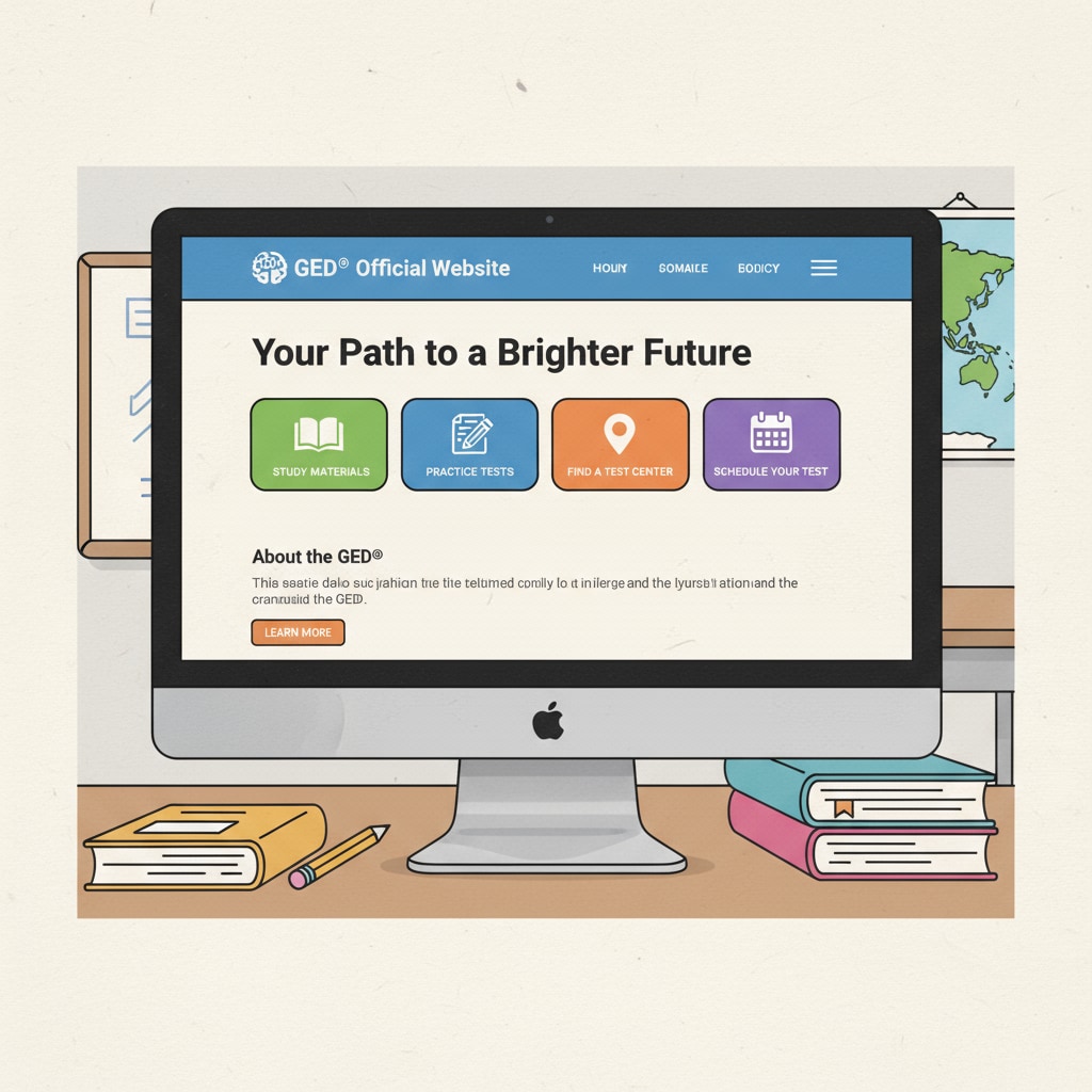 A computer screen showing the official GED website homepage with various options related to GED exams, including study materials and practice tests. A screenshot of the official GED website