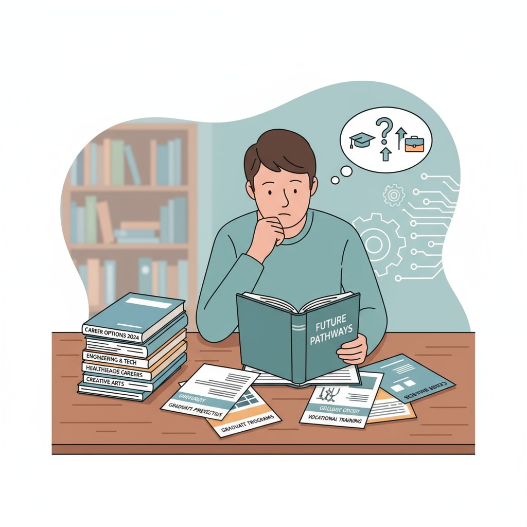 A person is sitting at a desk, surrounded by educational brochures and career guides, deep in thought about whether to pursue further education. This represents the initial stage of contemplating education enhancement for career choices. A person considering further education for career development