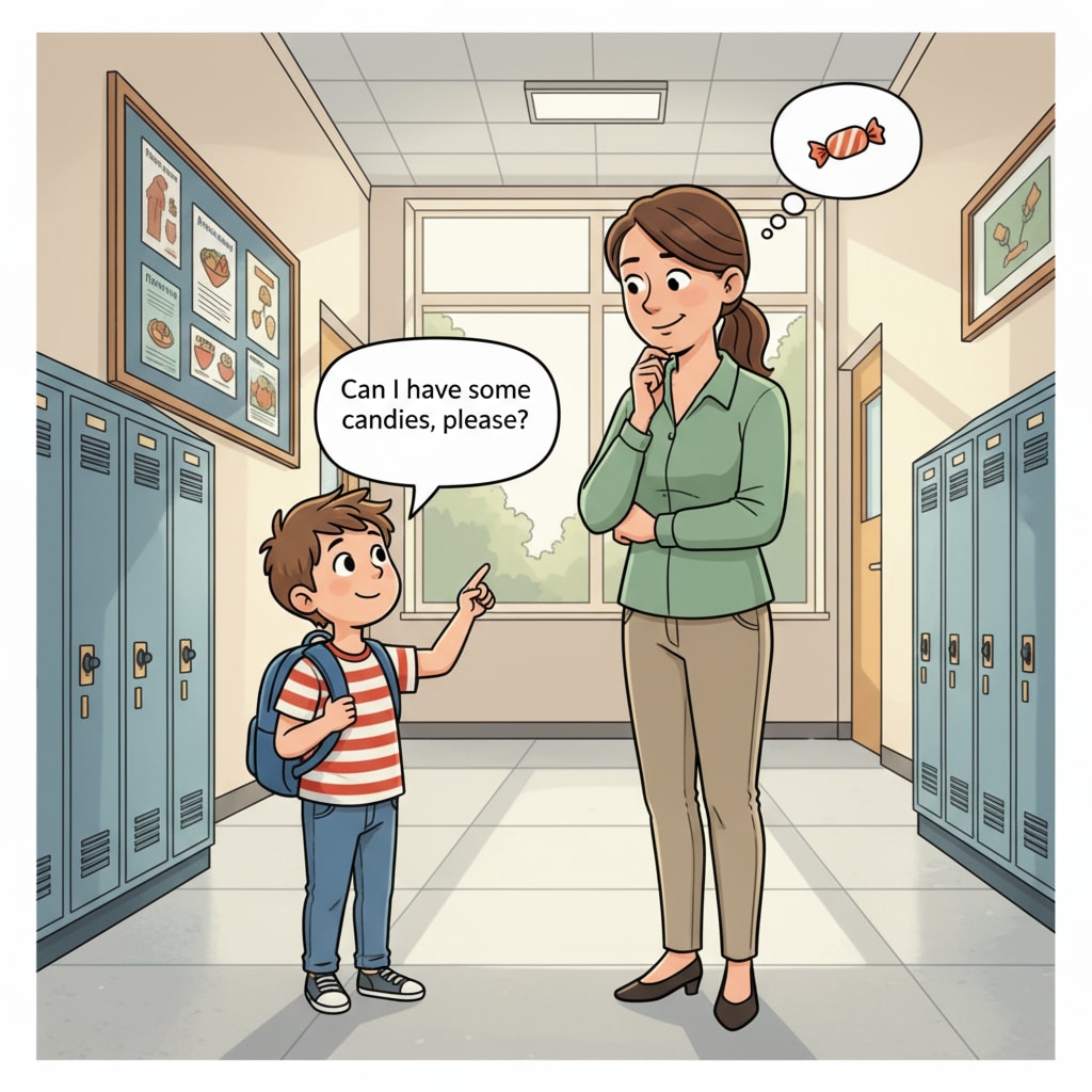 A young child is standing in a school hallway, looking up at an adult and asking for candies. The adult has a thoughtful expression on their face. A child asking an adult for candies in a school setting, highlighting workplace boundaries, kinship, and child behavior management