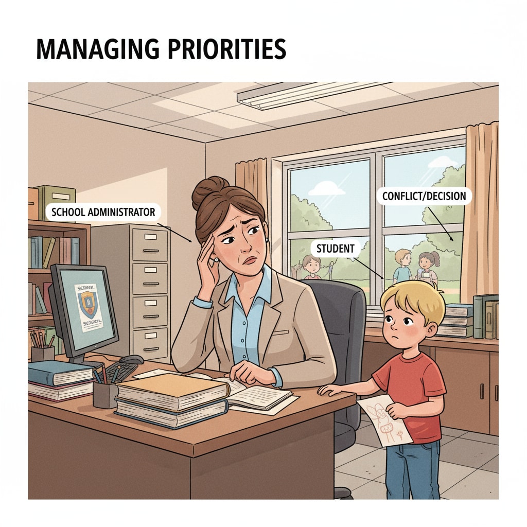 A woman is sitting at her desk in a school office, looking conflicted. A child is standing beside her, tugging at her sleeve. A woman facing a dilemma due to kinship in a school office, related to workplace boundaries and child behavior management