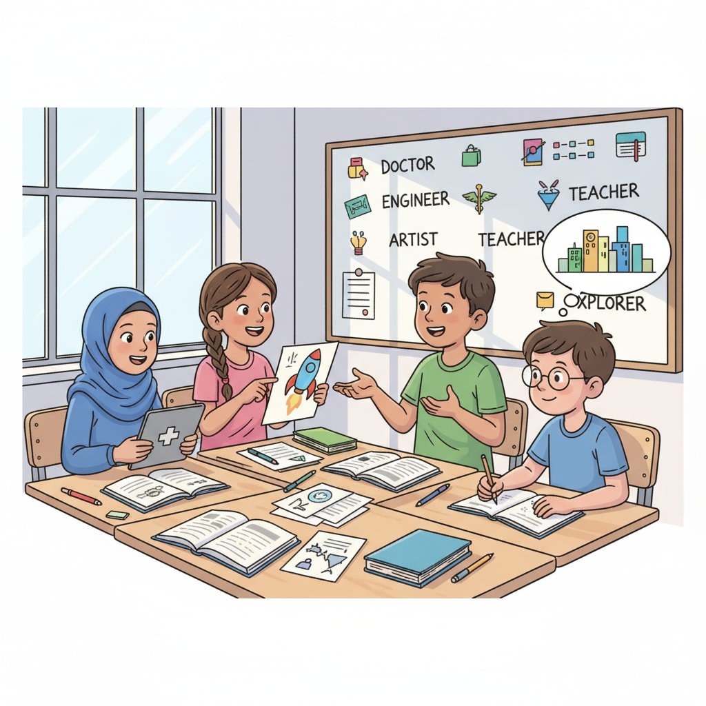 A group of students are engaged in a lively discussion about their future career aspirations in a classroom setting, with books and papers spread out on the desks. Students discussing dream careers, employment concerns, and career planning in a classroom