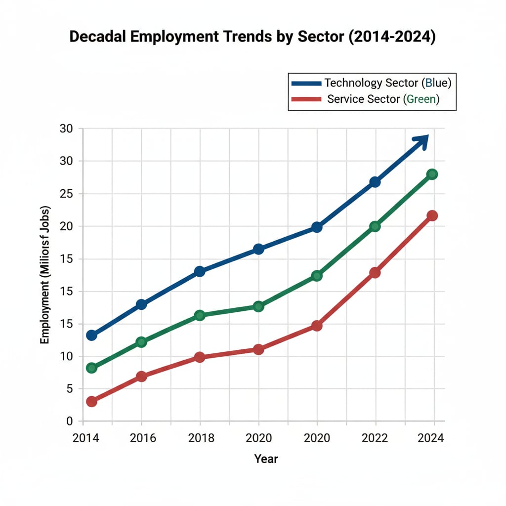 A graphical representation of how employment trends in different sectors such as technology, manufacturing, and service industries have changed over the past decade. Graph showing employment trends related to dream careers, employment concerns, and career planning