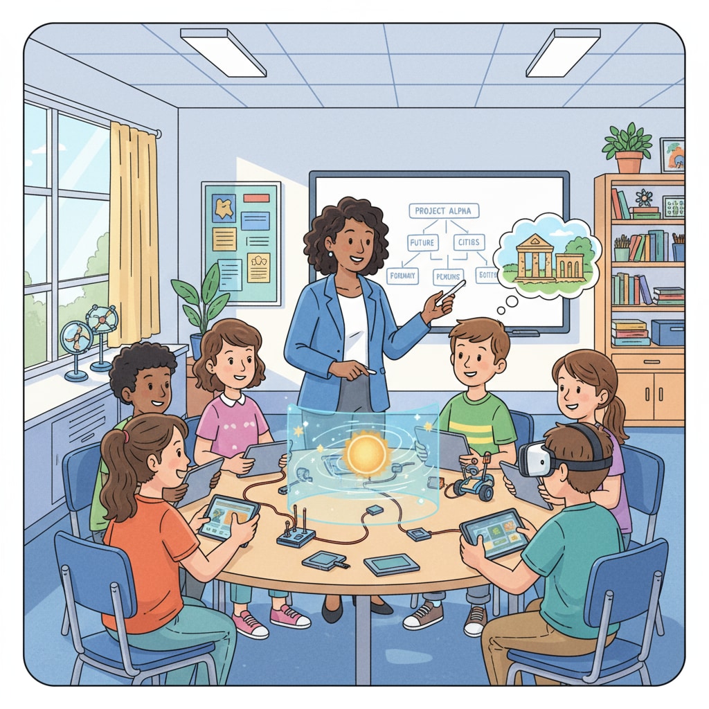 A classroom scene shows students actively involved in an innovative learning activity, with a teacher guiding them. Students participating in an innovative learning activity as part of an engaging course