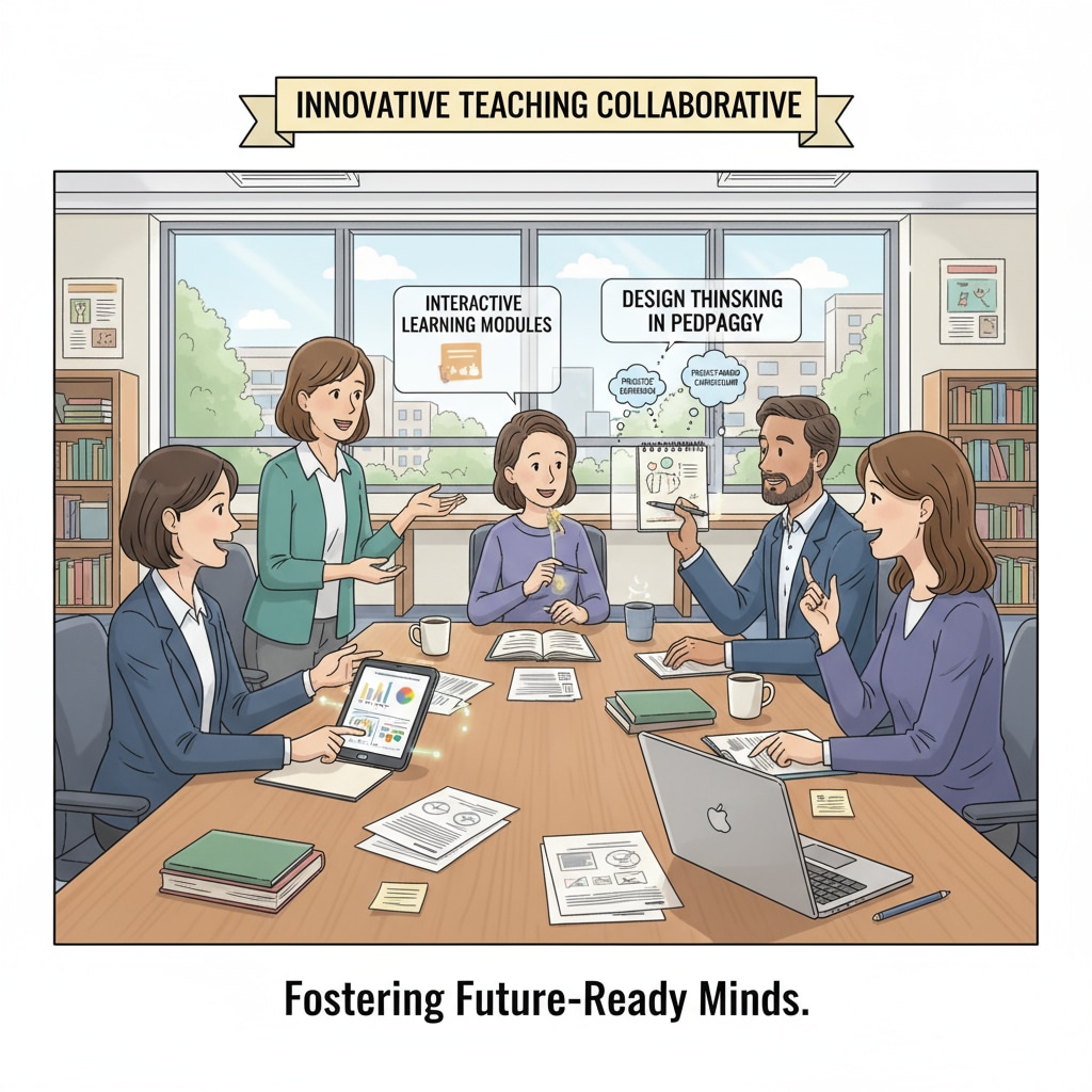 Teachers are gathered around a table, discussing and sharing innovative teaching ideas. Teachers sharing ideas for creating innovative courses and engaging students